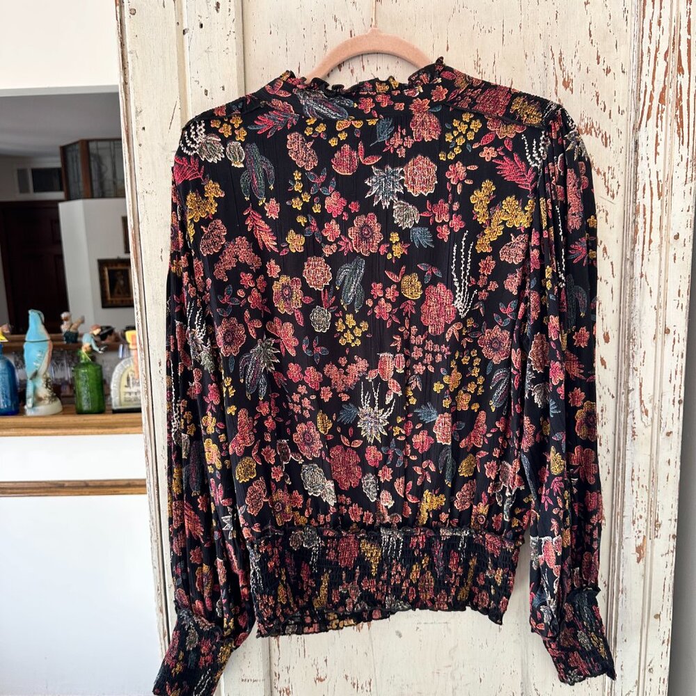 Angie Black Floral Tie-Neck Blouse with Pink and Gold Blooms - Picture 4 of 7
